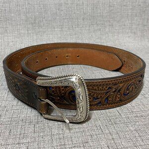 Hooey Scroll Belt Brown Leather Teal Accents Men's Size 34